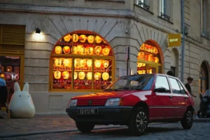 Red car parked outside a building with glowing windows.