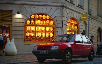 Red car parked outside a building with glowing windows.