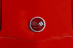 a close up of the emblem on a red sports car