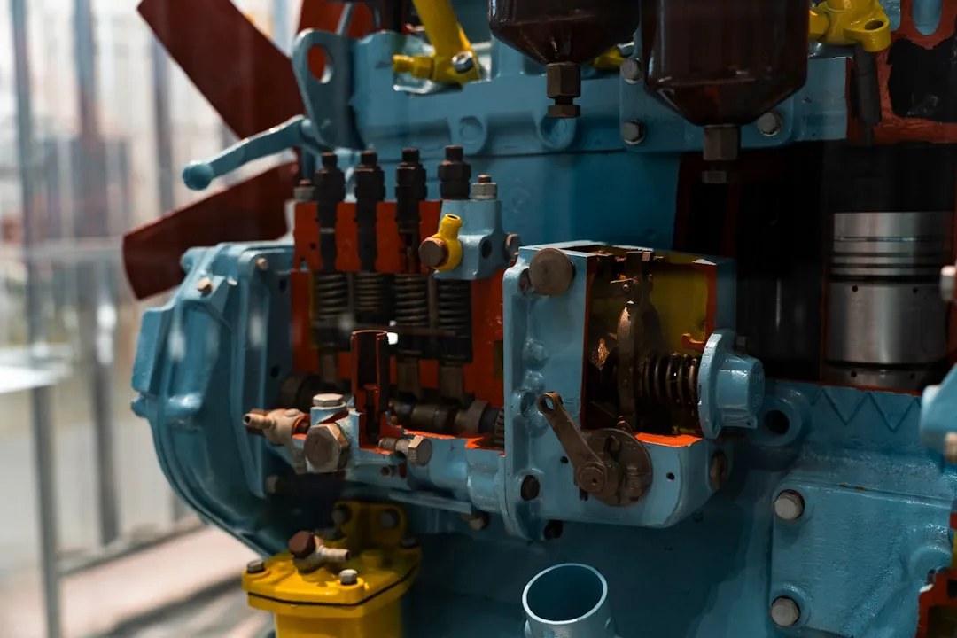 A cutaway view of a large engine.