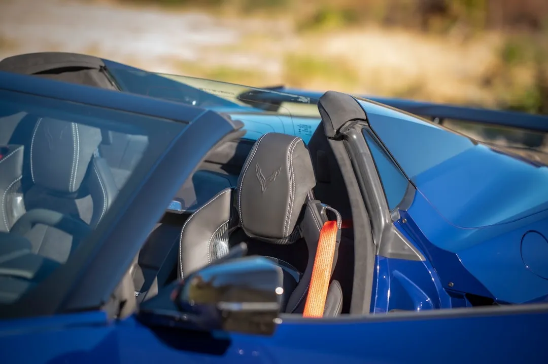 Interior of a blue convertible sports car