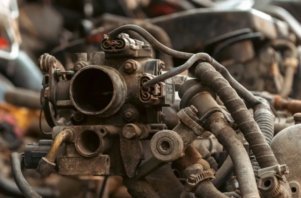 Close-up of a rusty old car engine carburetor.
