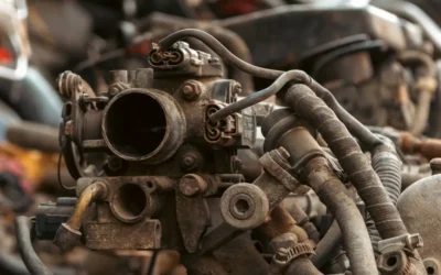 Close-up of a rusty old car engine carburetor.